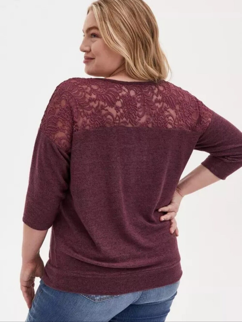 Torrid Relaxed Fit Super Soft Plush V-Neck Lace Yoke Dolman Top, Plus Size 1